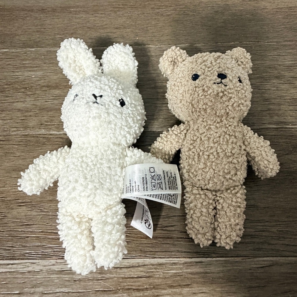 H&M Home Plush Bunny and Bear Set Sherpa Boucle Stuffed Animal Toys White Tan